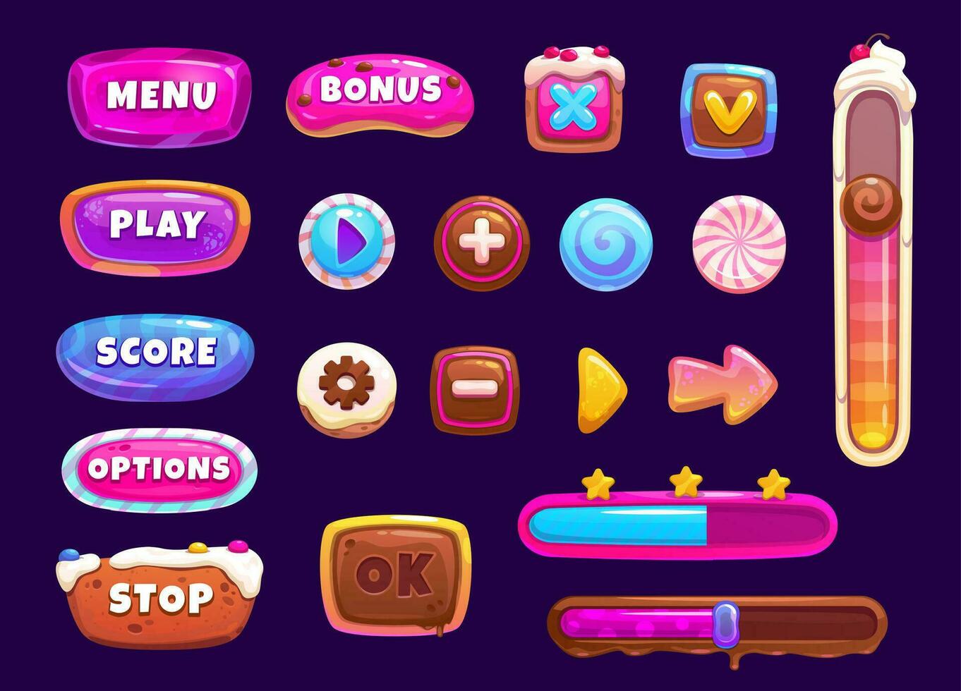 Game interface candy, cookie buttons and window vector