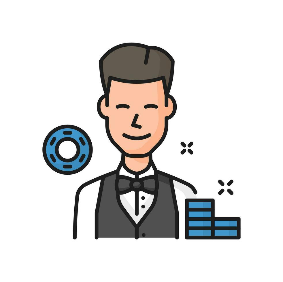 Smiling casino dealer male worker, croupier icon vector