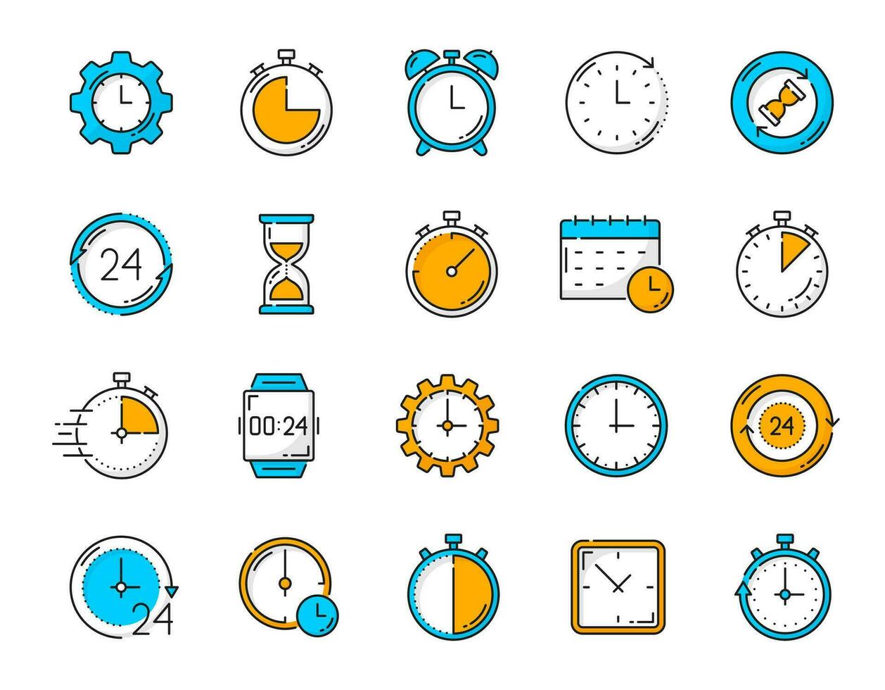 Timer clock, calendar, stopwatch outline icons vector