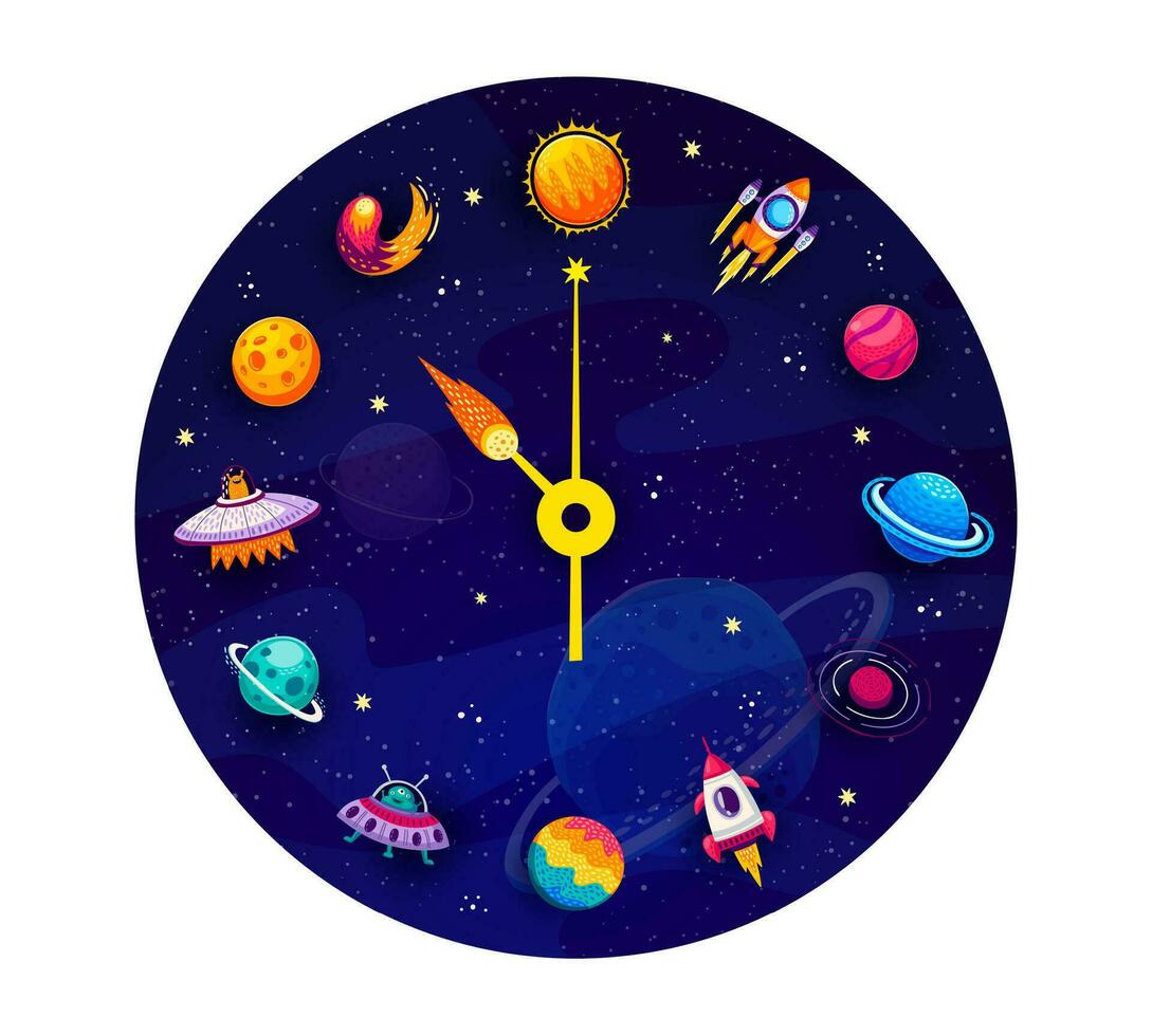 Galaxy clock with space planet, rocket and alien vector