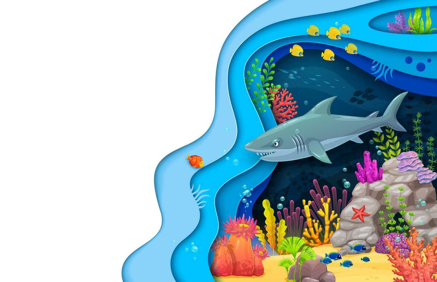 Cartoon paper cut underwater landscape and shark vector