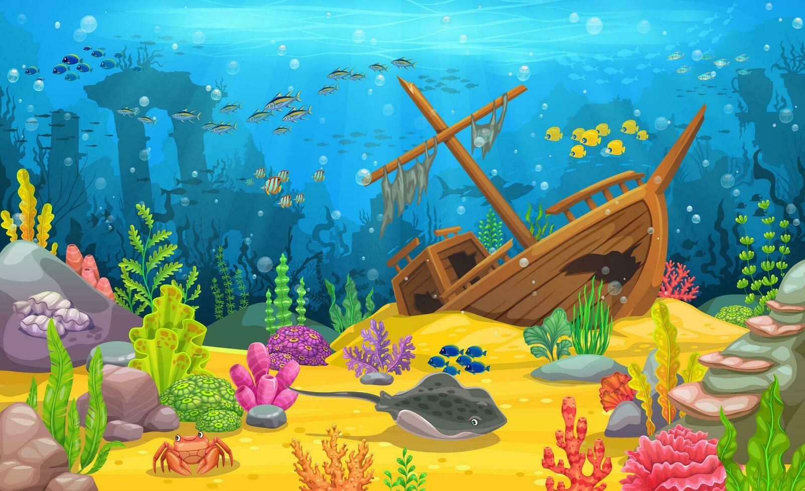 Cartoon underwater landscape, ship, columns, fish vector