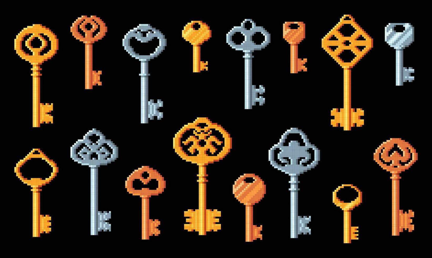 Vintage door keys pixel art 8bit game icons vector