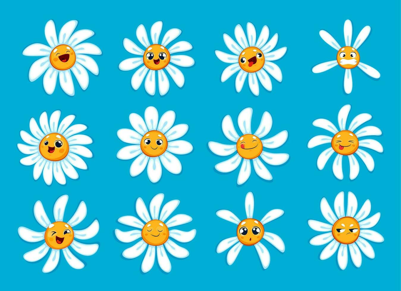 Cartoon chamomile, daisy flowers characters set vector