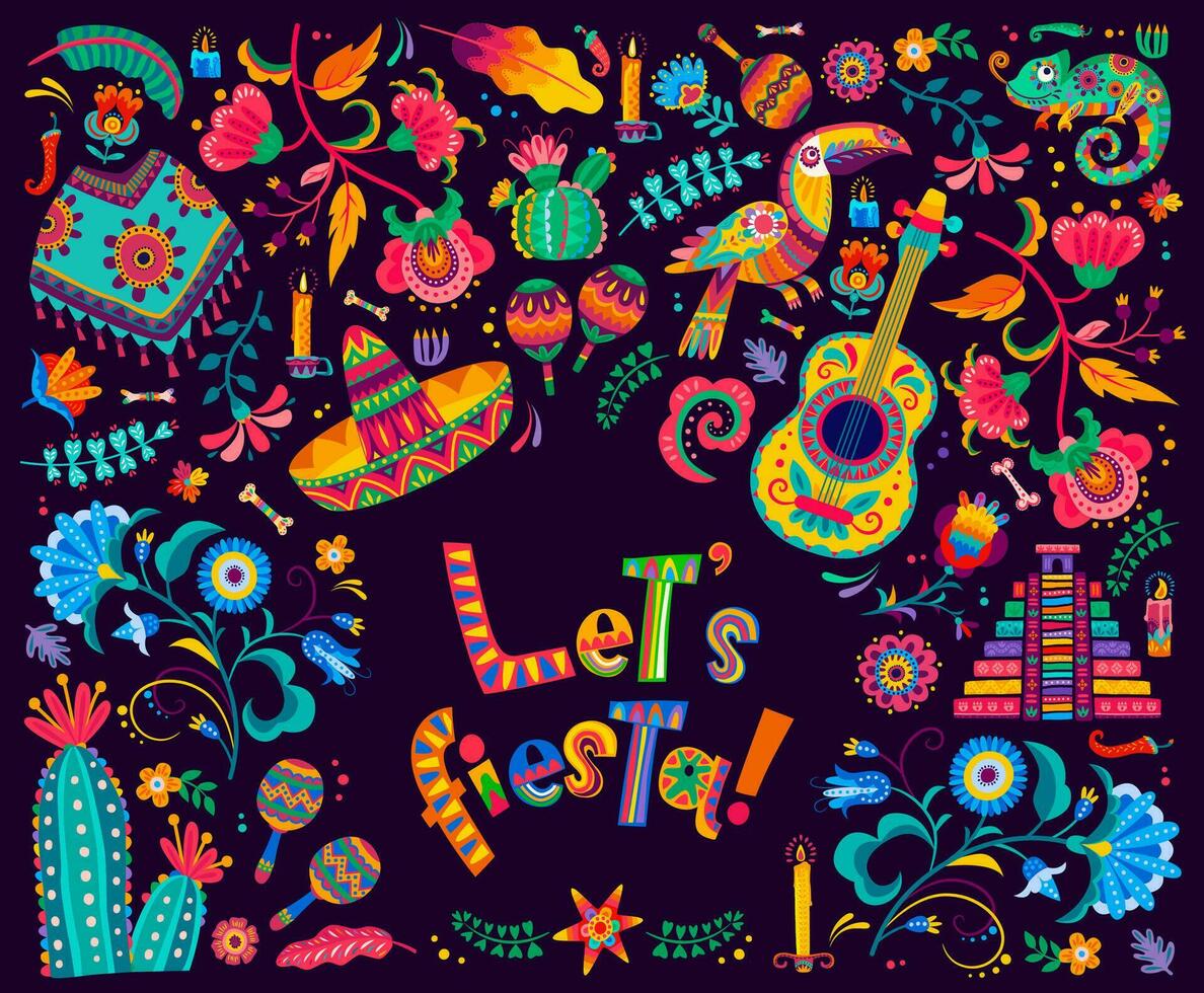 Let us fiesta Mexican banner, sombrero, maracas vector