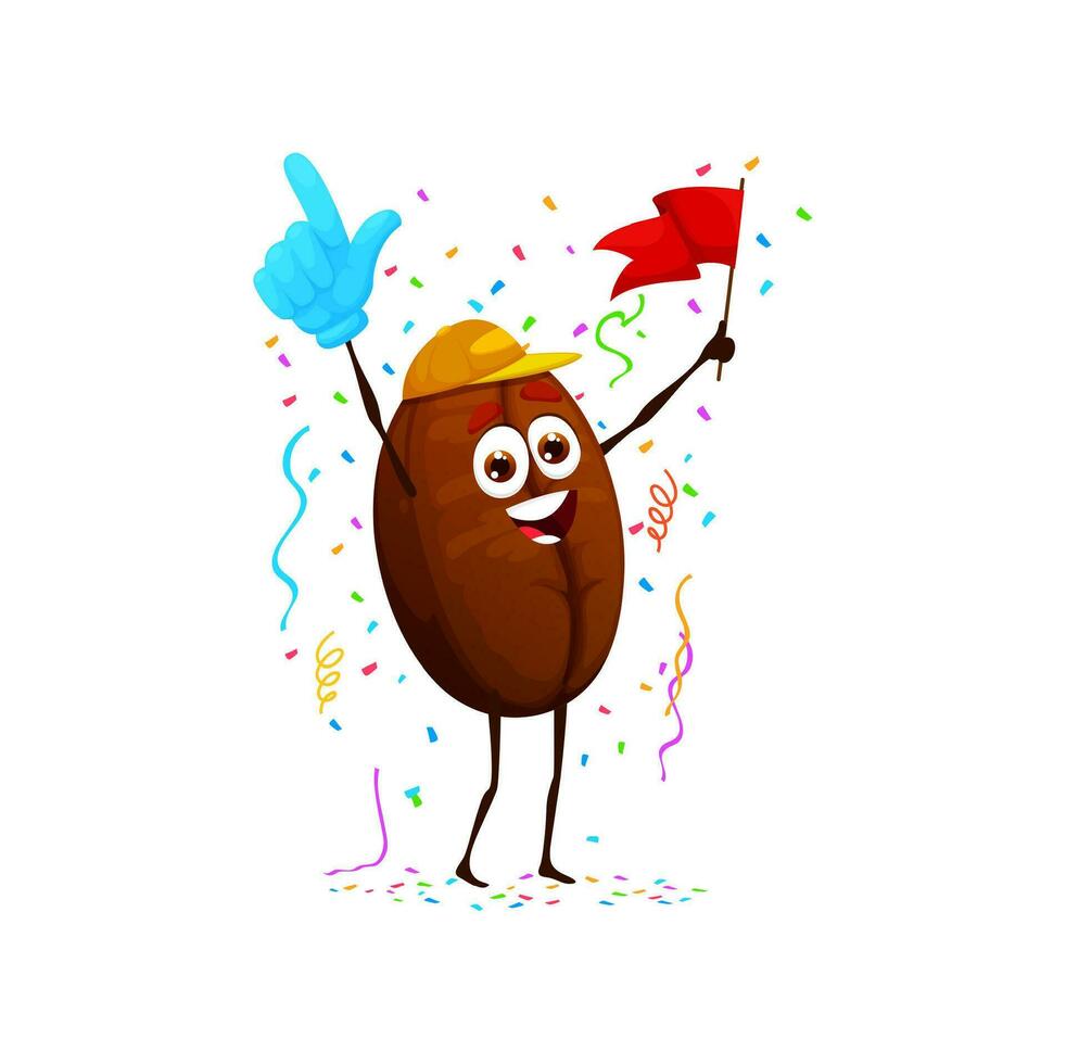 Cartoon happy coffee bean fan character cheering vector