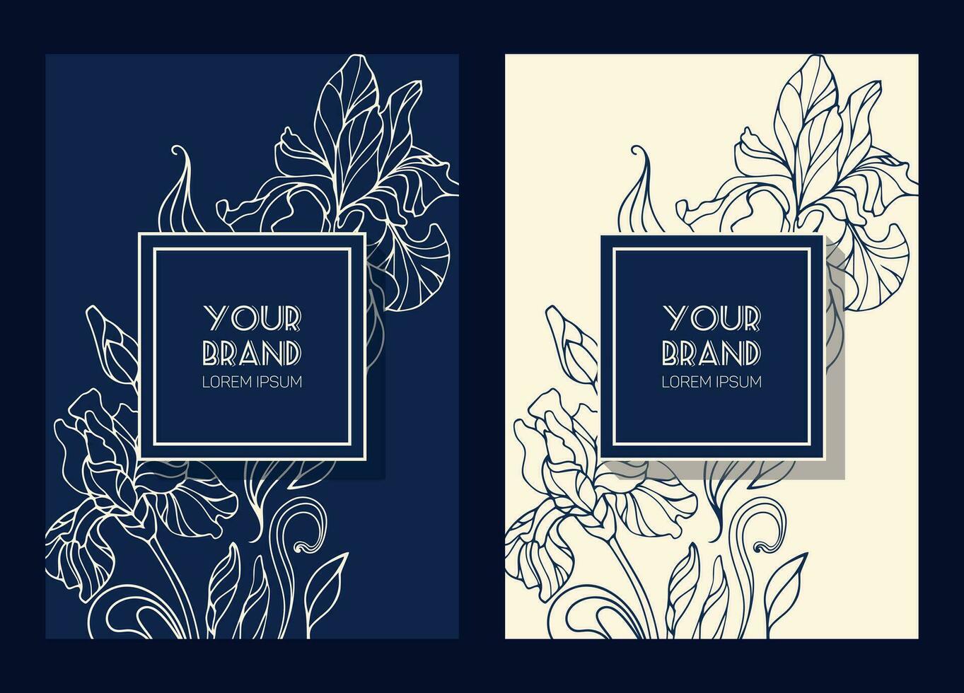 Set of luxury backgrounds. Exquisite irises flowers. Art Nouveau. For salons, cosmetics, website, wedding invitations, packaging, flyer. Frame in Japanese style. vector