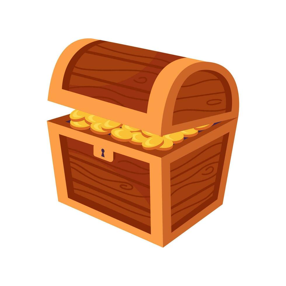 Cartoon wooden chest with a lock, treasures, piles of gold coins and jewelry. illustration for game development, design elements, childrens board game, book. Pirate doubloons. Travel and adventure vector