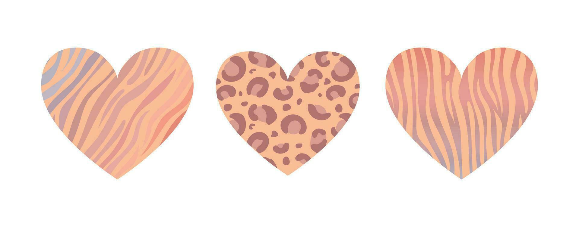 Set of hearts for Valentines Day. trendy color Peach Fuzz. With an animalistic pattern. Zebra, leopard, tiger. Safari. For stickers, posters, postcards, design elements vector