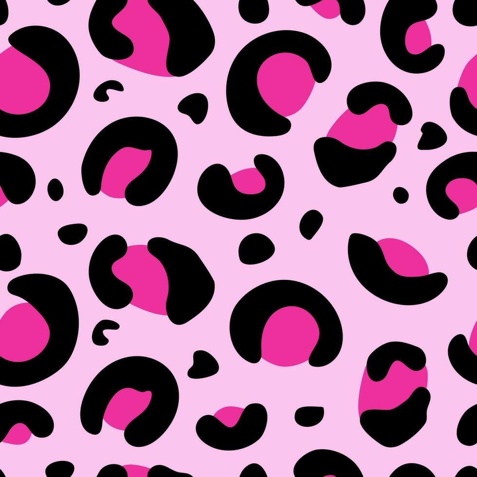 Leopard, seamless animalistic pattern. Abstract black and pink illustration. Safari, animal skin. For wallpaper, fabric, wrapping, background vector