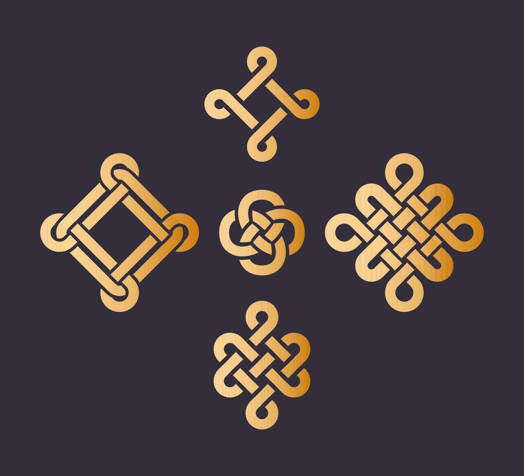 Set Infinity knot of longevity and health, a sign of good luck. Gold Antique Asian or Celtic medieval style interlaced pattern. Feng Shui. Chinese New Year. Magic symbol. For stickers, design elements vector