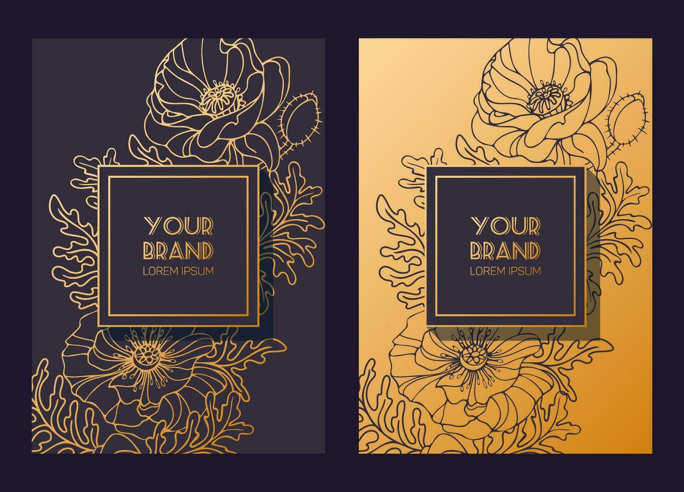 oro conjunto de lujo antecedentes. Exquisito amapola flores Arte nouveau. para salones, productos cosméticos, sitio web, Boda invitaciones, embalaje, volantes. marco para remembranza día. vector