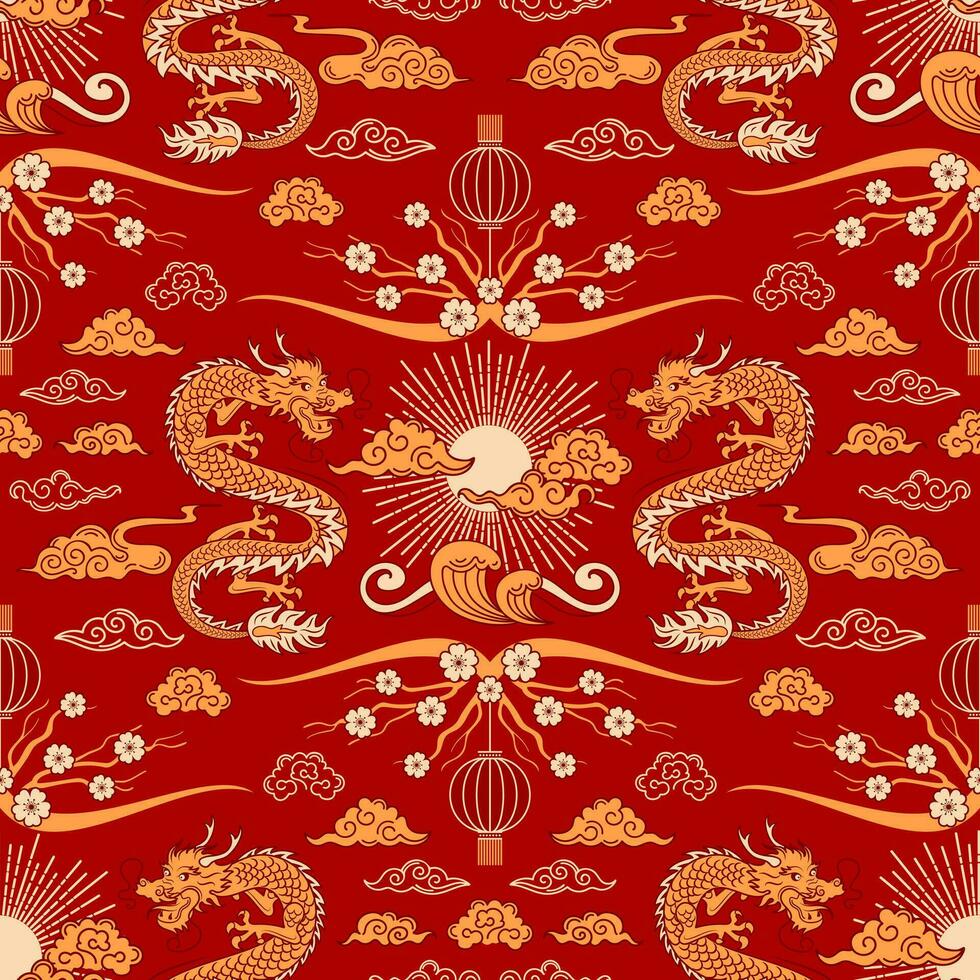Seamless pattern Chinese New Year of the Wooden Dragon. Sun and clouds. Bright vector vintage illustration, Asian style. Paper lanterns, skaura flowers. For wallpaper, fabric, wrapping, background.