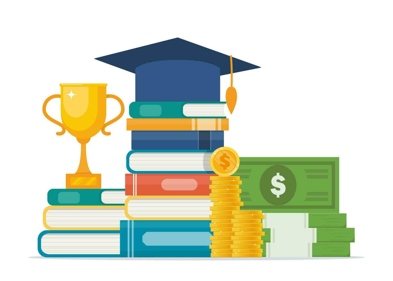 Investment in education. Scholarship. Books, graduation hat and stack of coins and banknotes. Graduation cap on books stack. Concept of global business study. Vector illustration.