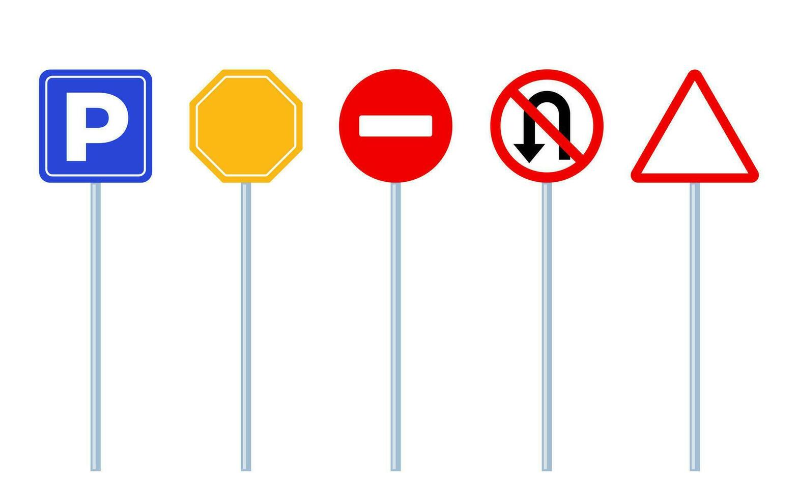Road signs, set. Traffic signs on white background. Road traffic safety. Vector illustration.
