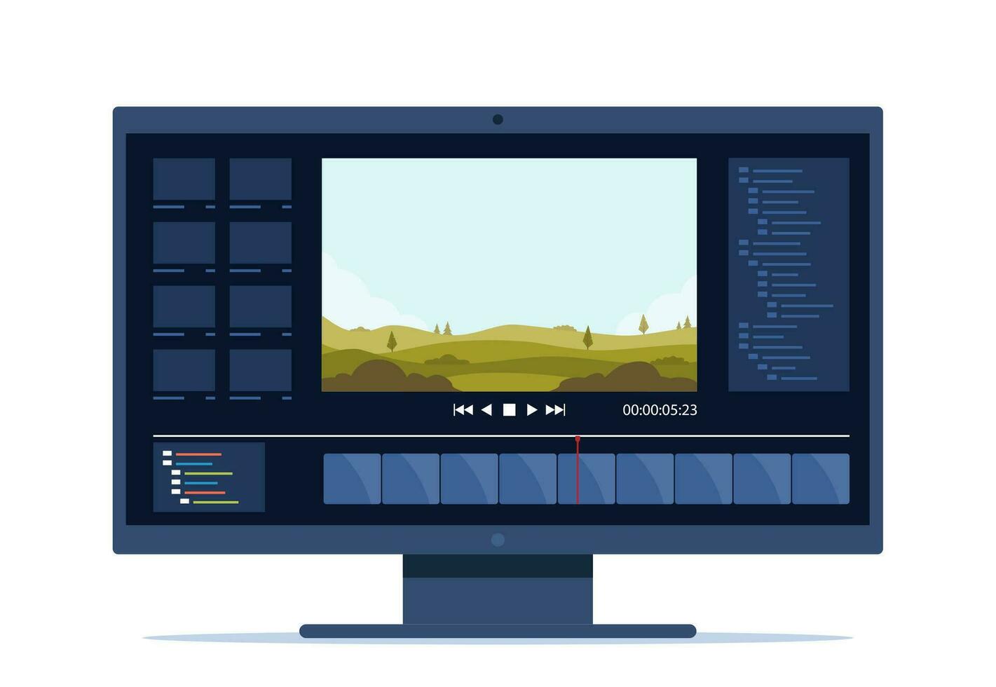 Video editing on desktop computer. Software to edit videos on screen with nature landscape scene, timeline and user interface. Multimedia and film production concept. Vector illustration.