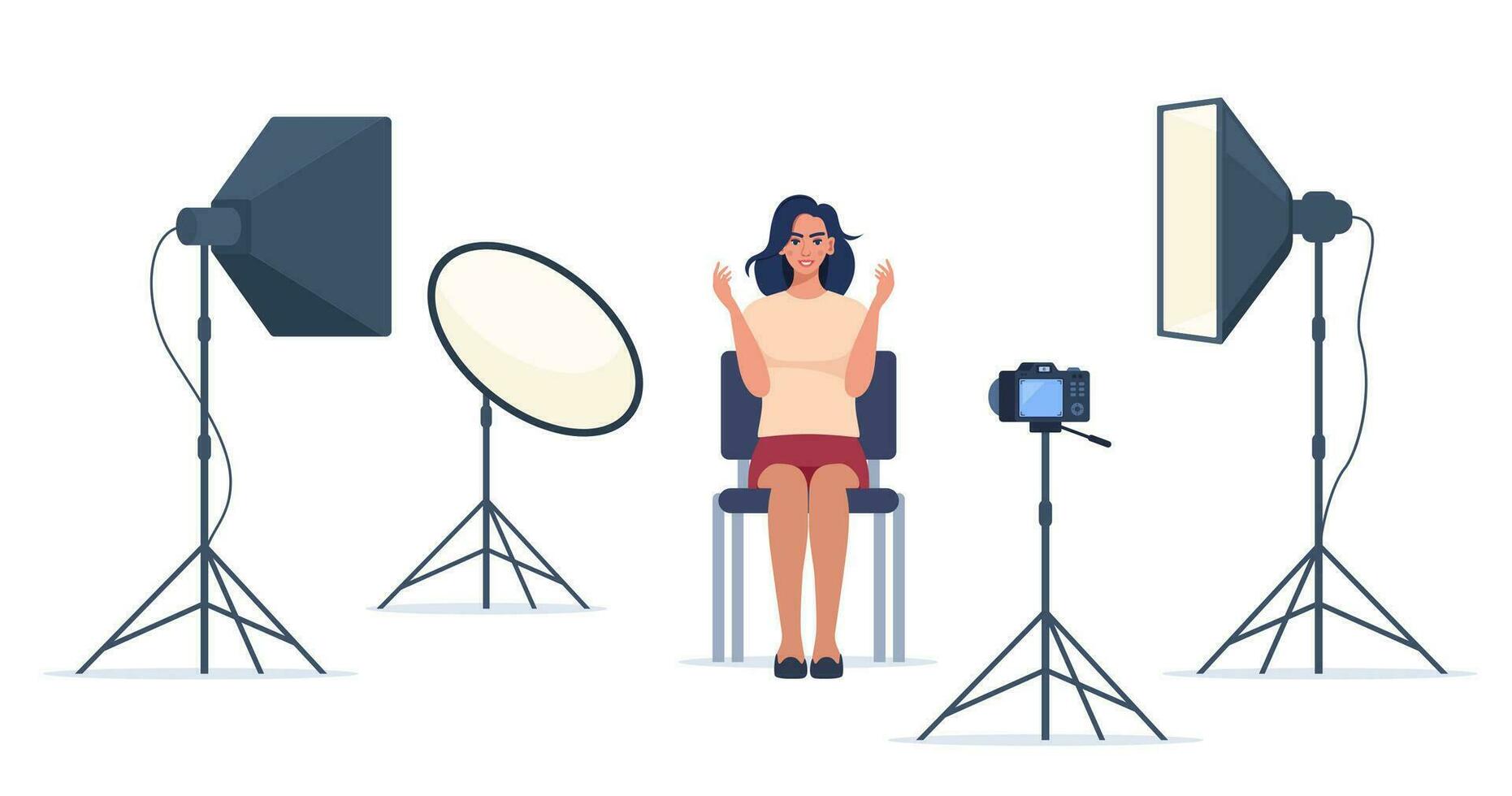 Shooting interview in professional studio. Soft box light, camera, spotlight. Professional equipment for video shooting. Woman having conversation on camera, making content. Vector illustration.