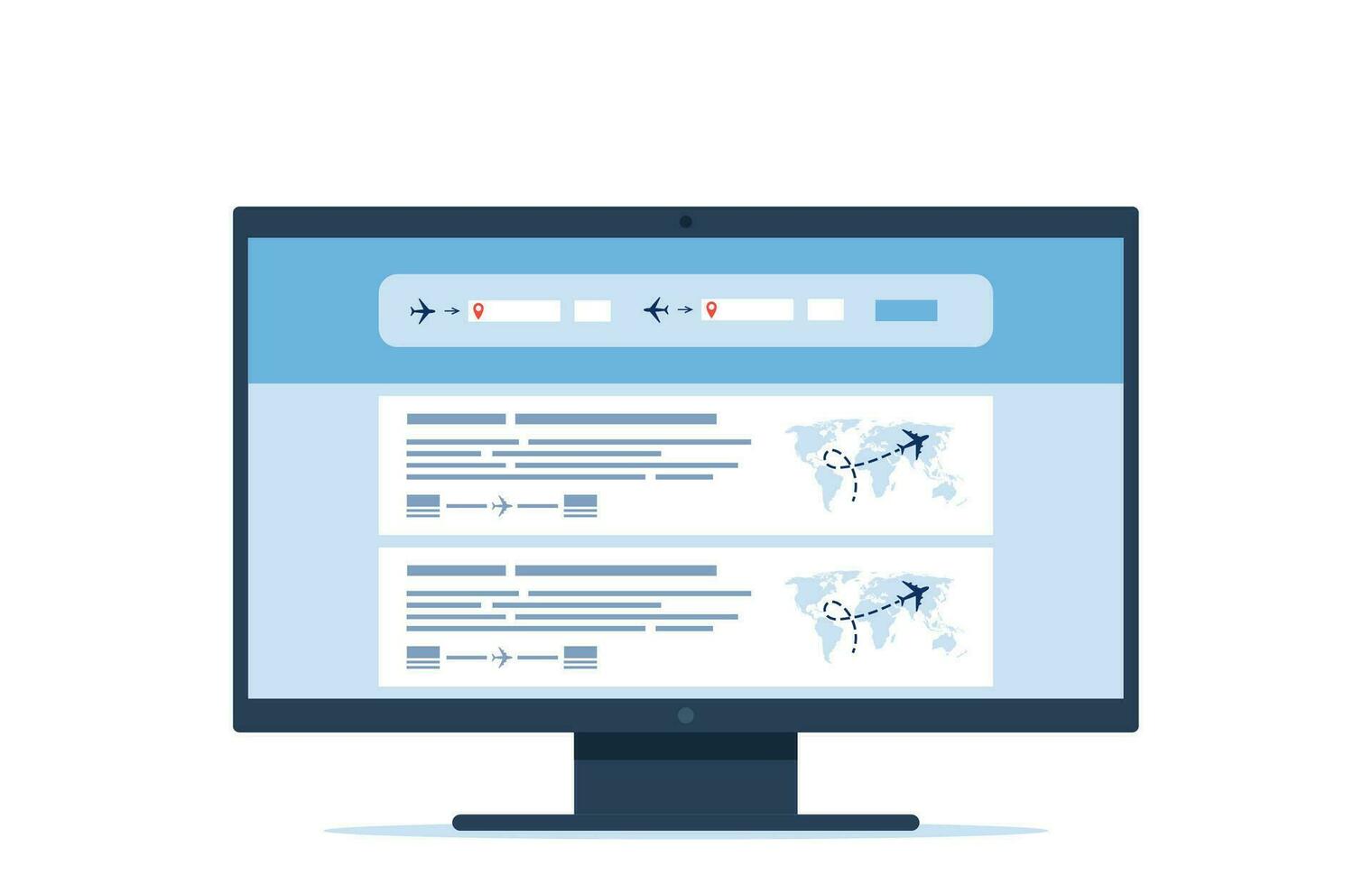 Flight search website on a computer screen. Avia sale web site aggregator for buying tickets online. Search bar and results, flight options. Travel, journey, business trip. Vector illustration.