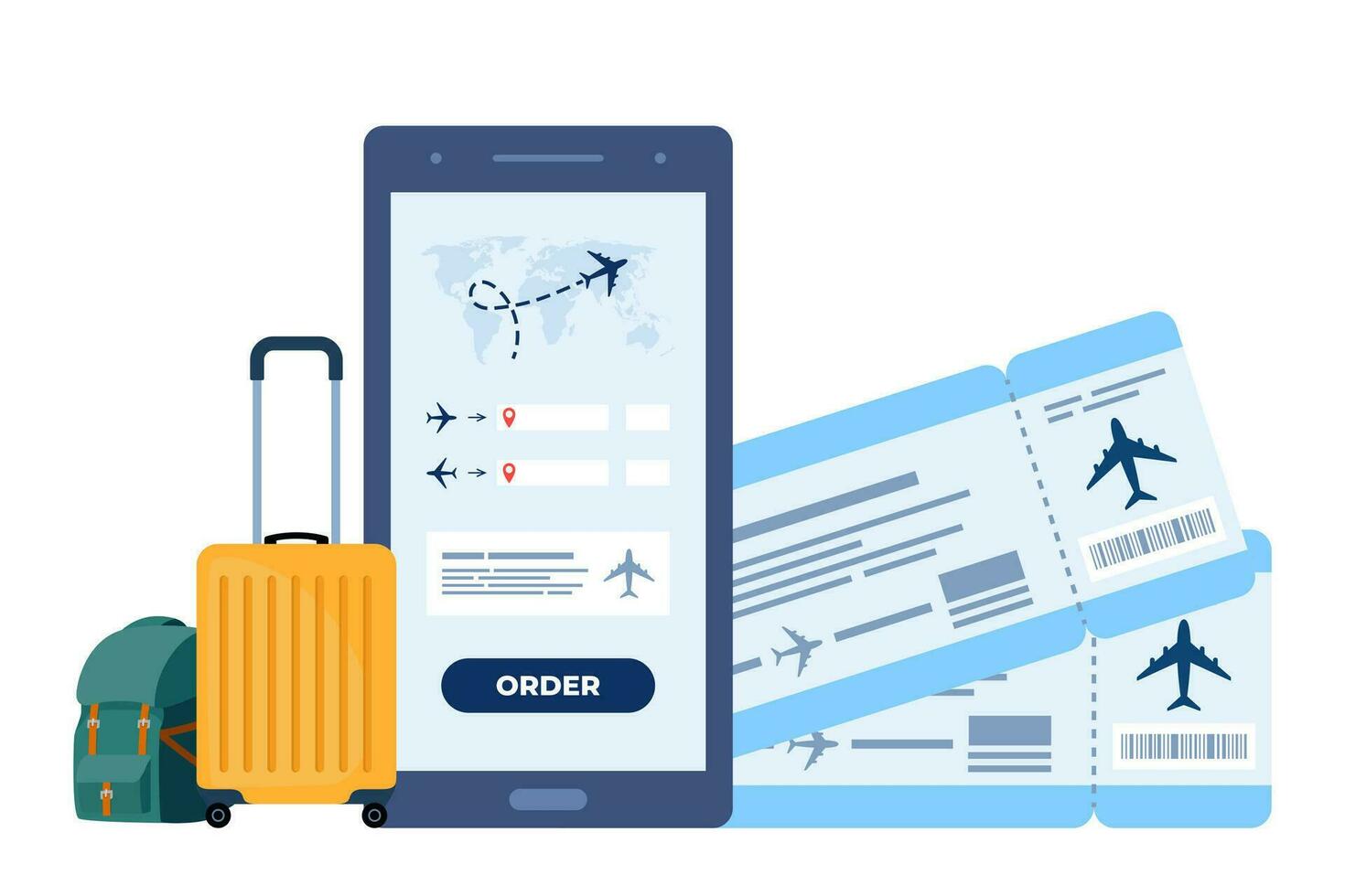 Mobile app for buying ticket with smartphone. Booking flights travel. Air tickets and baggage. Travel, journey, business trip. Vector illustration.