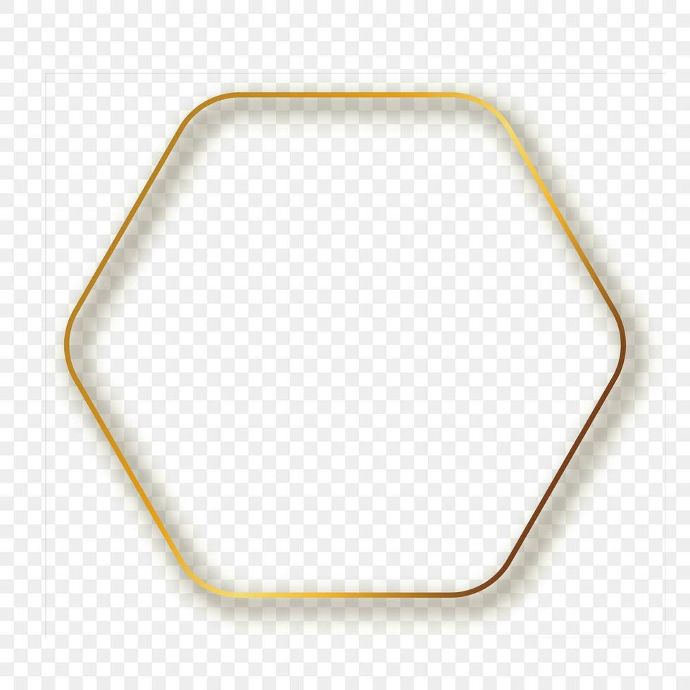 Gold glowing rounded hexagon frame with shadow isolated on background. Shiny frame with glowing effects. Vector illustration.