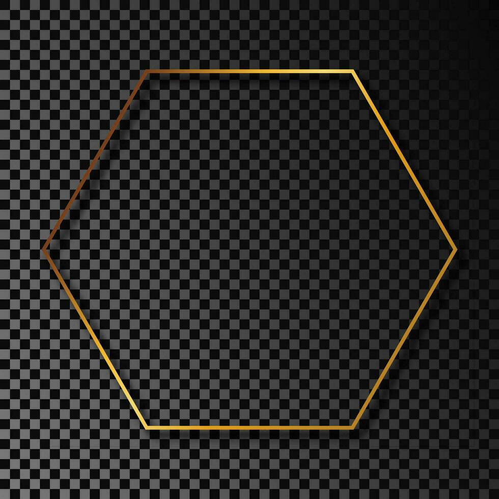 Gold glowing hexagon frame with shadow isolated on dark background. Shiny frame with glowing effects. Vector illustration.