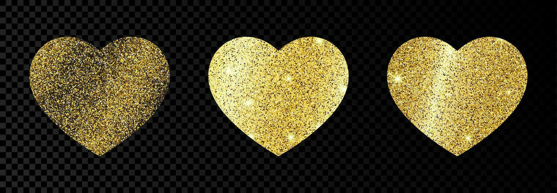 Set of three gold glittering hearts on dark transparent background. Background with gold sparkles and glitter effect. Vector illustration