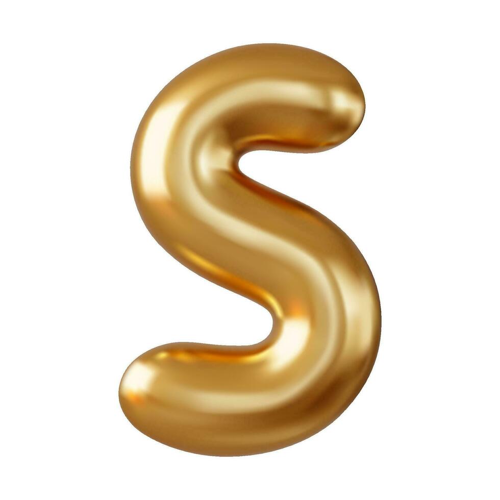 3d letter S uppercase gold color, Realistic 3d design in balloon style. Isolated on white background. 3d rendering. Vector illustration