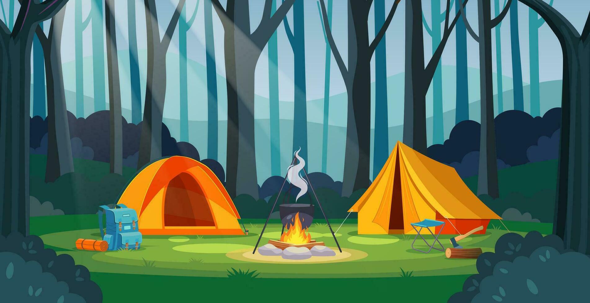 Summer camp in forest with bonfire, tent, backpack. cartoon landscape , forest and campsite. Equipment for travel. Vector illustration in flat style