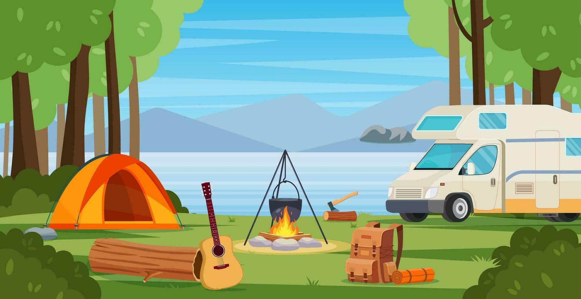 Summer camp in forest with bonfire, tent, van,backpack and lantern. cartoon landscape with mountain, forest and campsite. Equipment for travel, hiking. Vector illustration in flat style