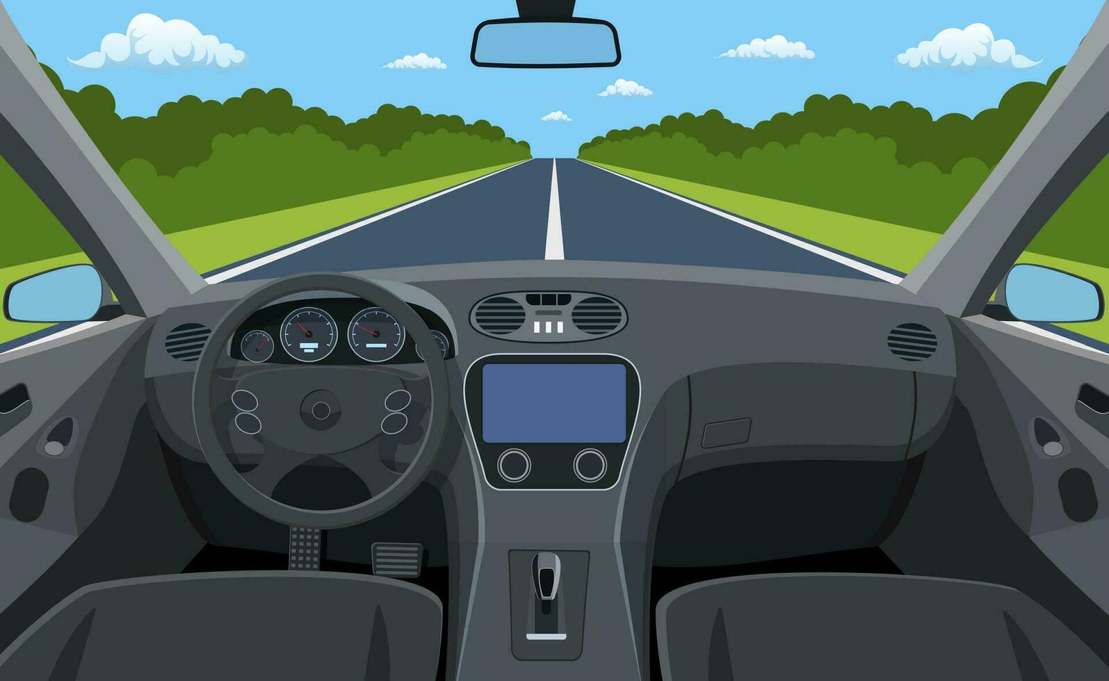 View of the road from the car interior. Vehicle salon, inside car driver . Driving simulator . Car view steering and windshield. Vector illustration in flat style