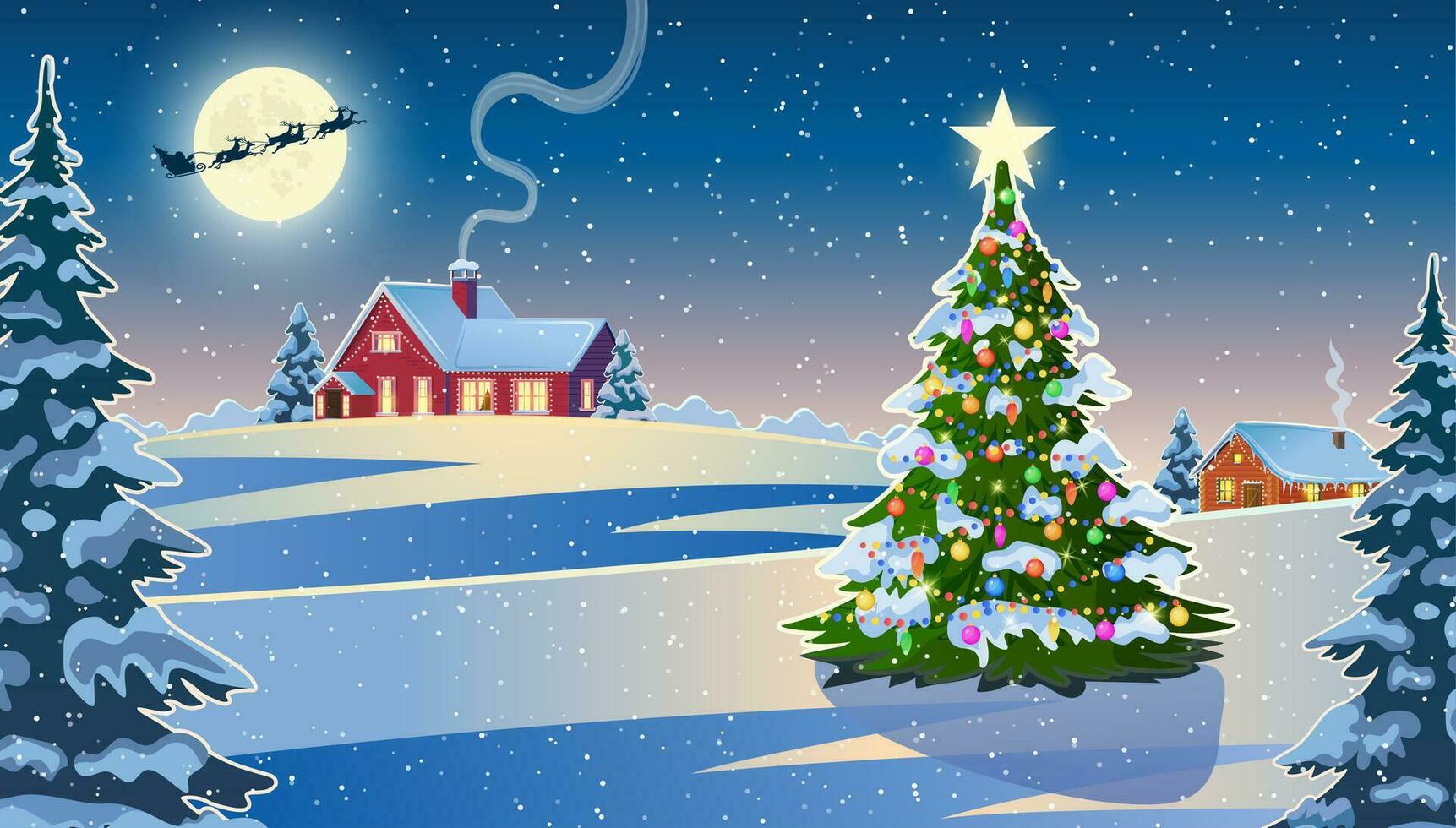 Winter snow landscape and houses with christmas tree. concept for greeting or postal card. background with moon and the silhouette of Santa Claus flying on a sleigh. vector illustration.
