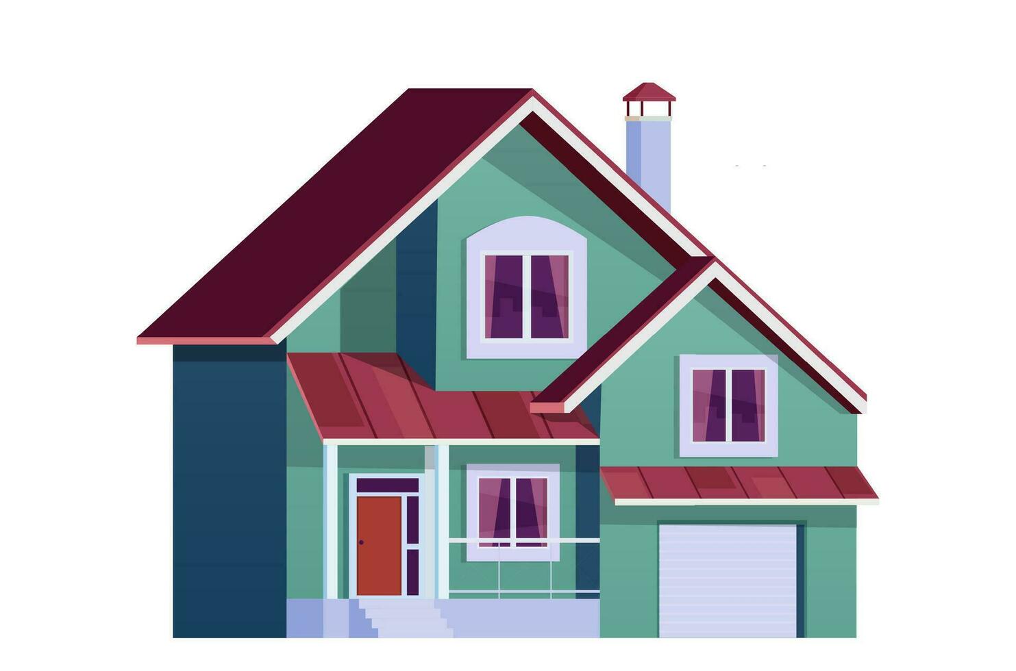 cute cartoon house. Two storey dwelling place with garage. Townhouse building. Home facade with door and windows. Vector illustration in flat style