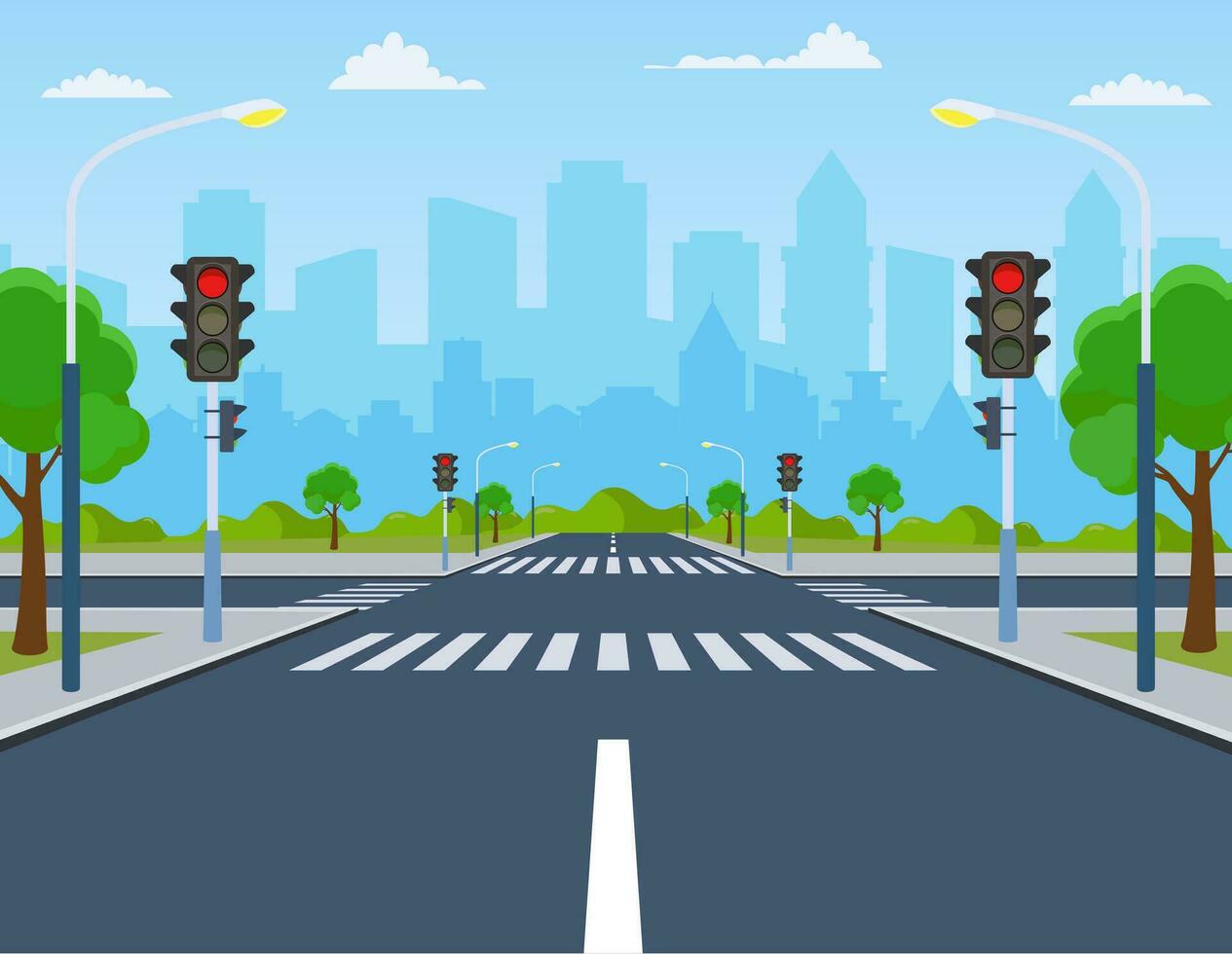 ciudad cruce de caminos, la carretera en paso de peatones con tráfico luces. marcas y acera para peatones sin ninguna carros y gente. paisaje urbano, vacío calle, carretera, concepto. vector ilustración en plano estilo