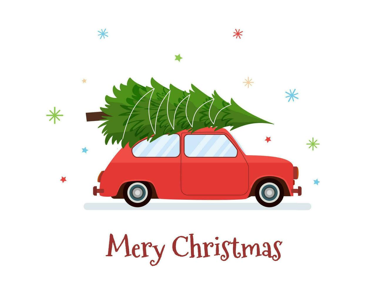 Car with Christmas tree. Automobile carrying special Xmas delivery. Festive holiday greeting card, postcard design element. Vector illustration in flat style