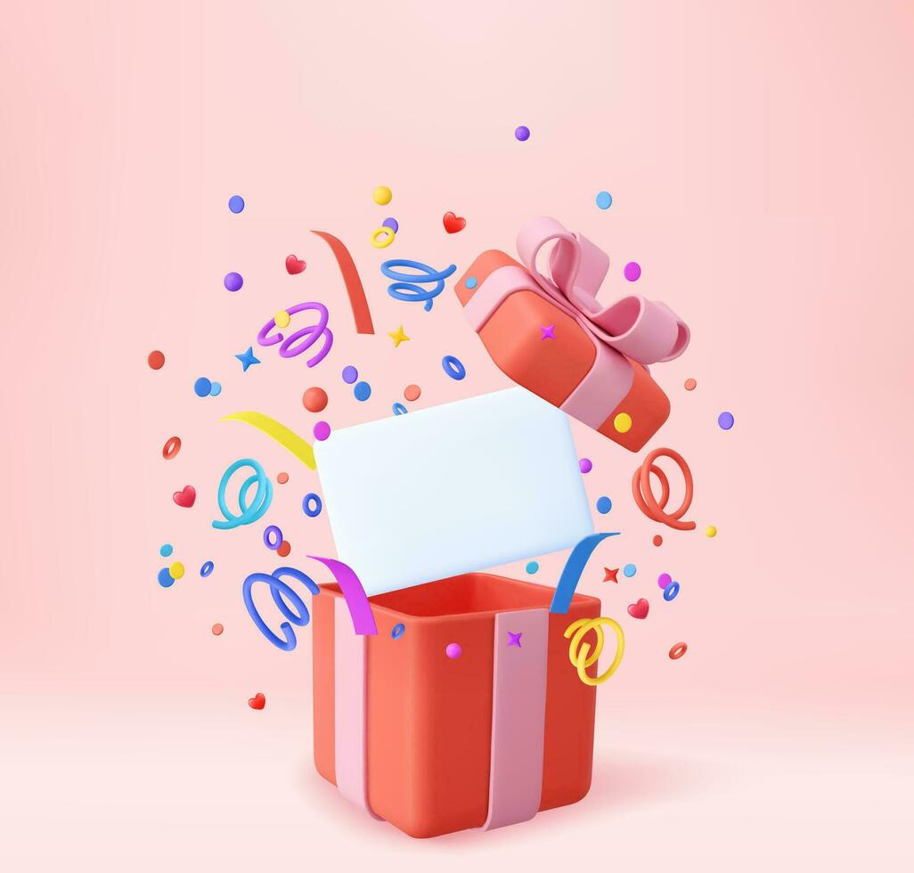 3d Cute Surprise Gift Box With Falling Confetti and blank papers for design. Christmas and New Year s surprise. Present box for birthday. 3d rendering. Vector illustration