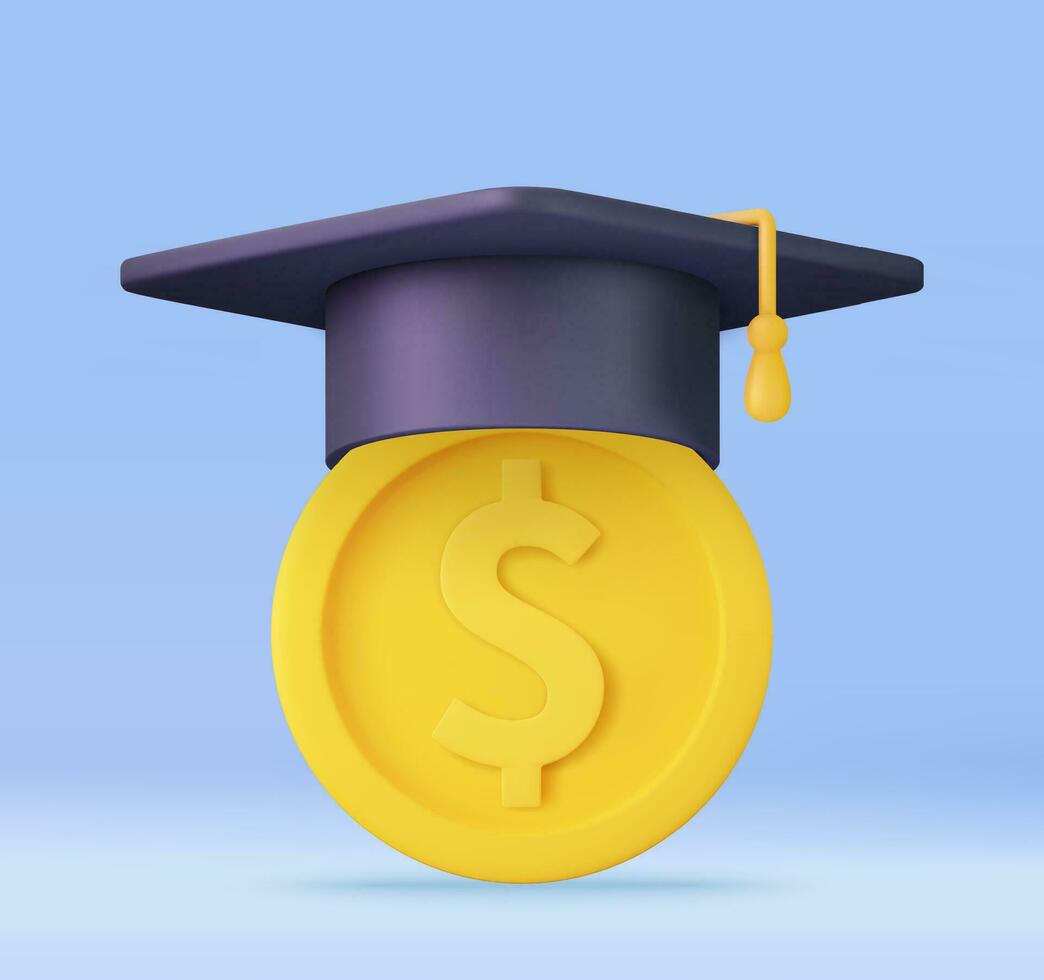 3d Graduation cap icon. High school college university complete. College cap, mortar board. Education, degree ceremony concept. 3d rendering. Vector illustration