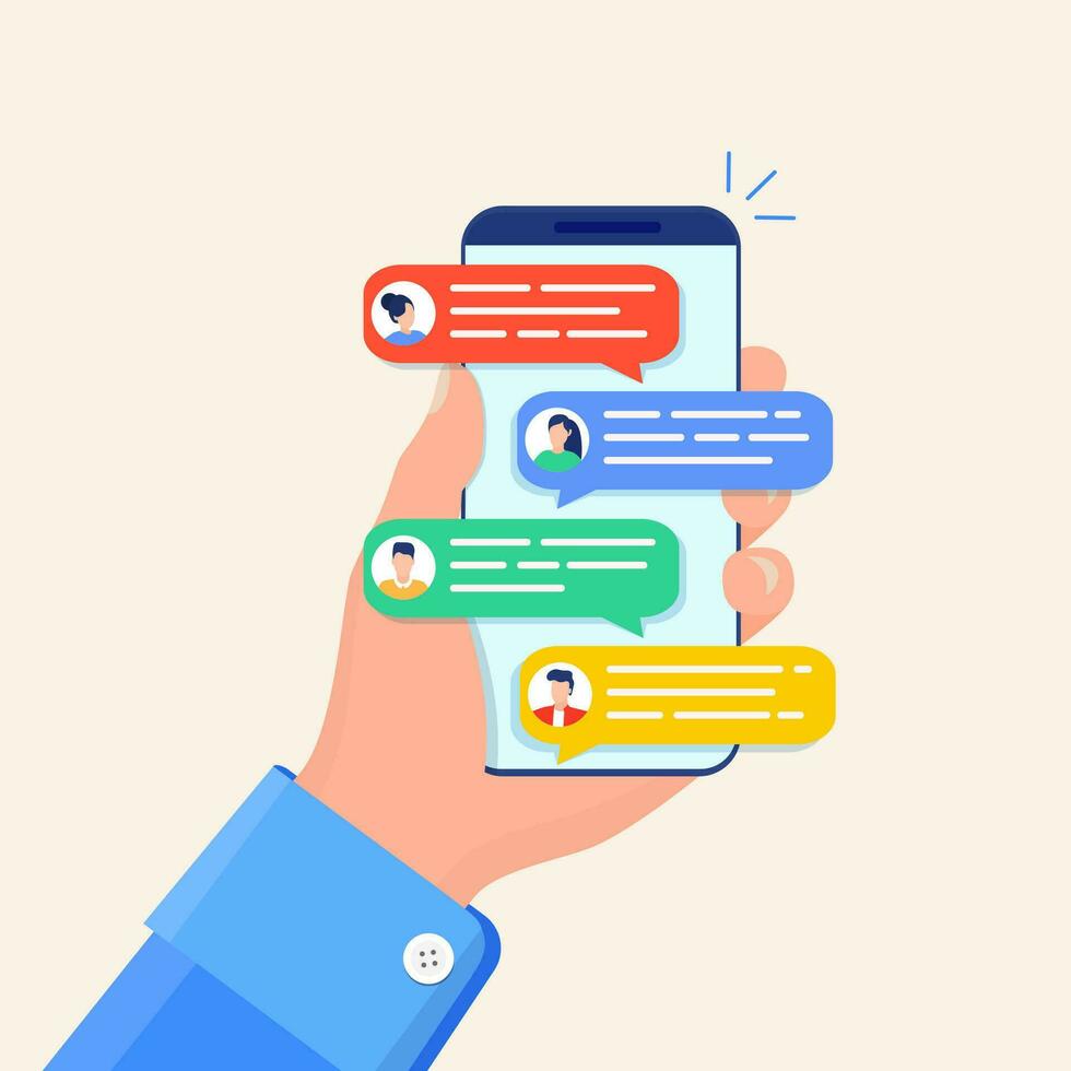 Online chat messages text notification on mobile phone. Hand holds smartphone sms speech bubbles push alerts on screen, digital or electronic chatting on cellphone. Vector illustration in flat style
