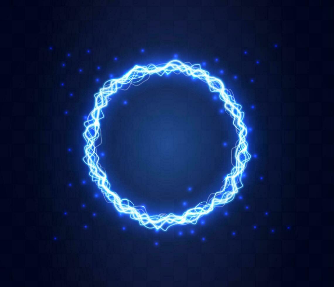 realista magia circulo de trueno tormenta azul relámpagos magia y brillante Encendiendo efectos eléctrico círculo. redondo marco con electricidad y relámpagos vector