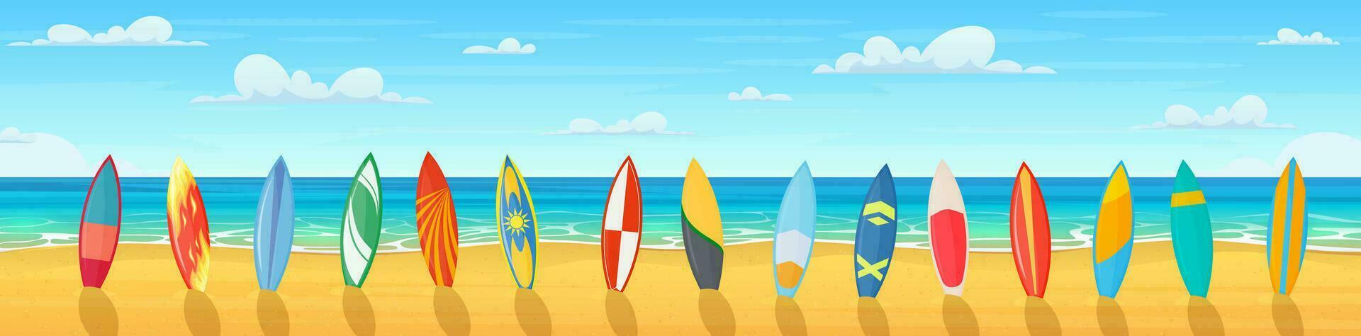 Cartoon summer beach. Paradise nature vacation, ocean or sea seashore. Sea beach landscape with many multi-colored surfboards on the beach. Panorama. Vector illustration in flat style