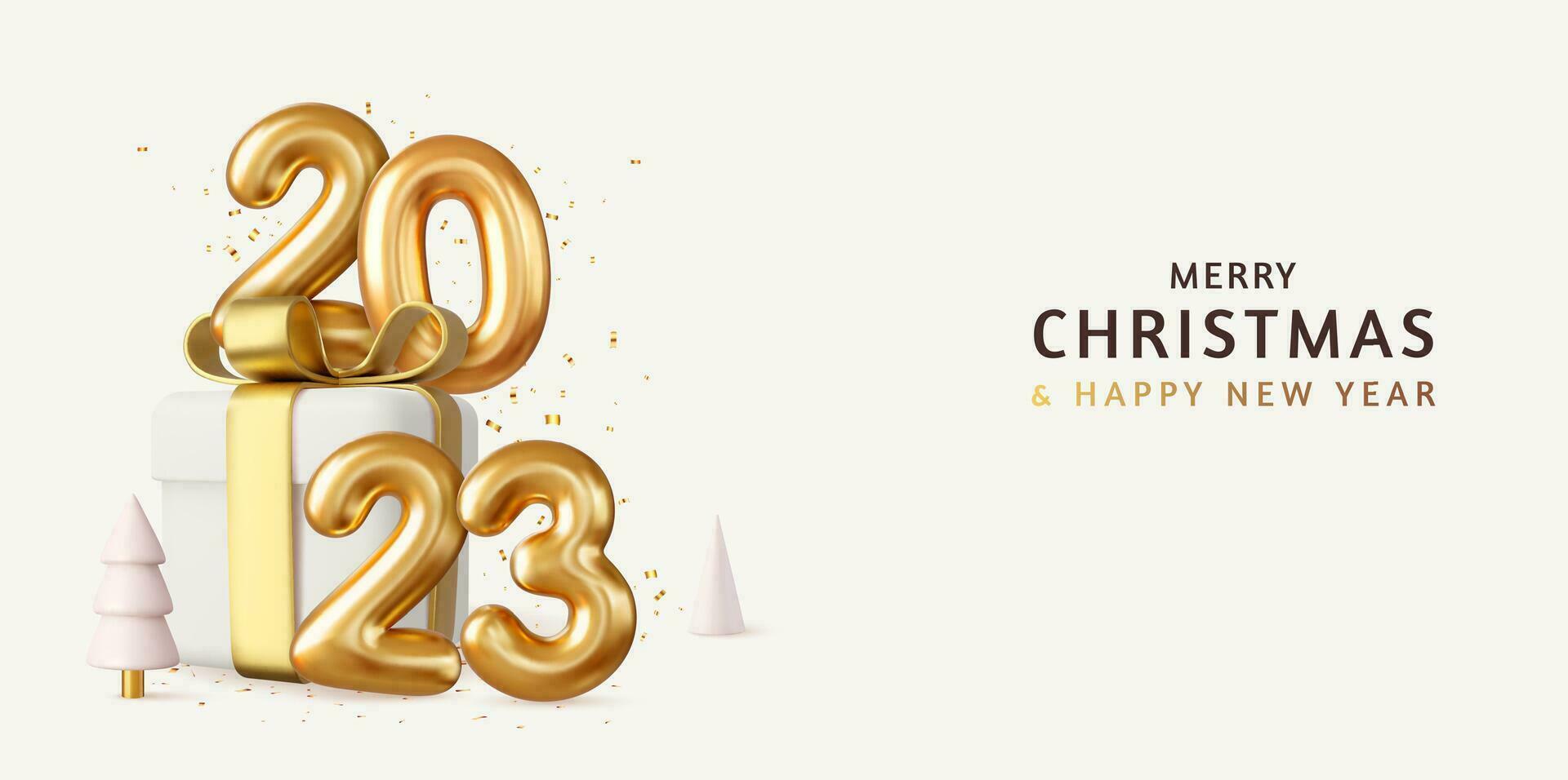 3d 2023 Happy New Year. Realistic gift box Golden Balloons number. Christmas Poster, banner, cover card, brochure, flyer, layout design. 3d rendering. Vector illustration