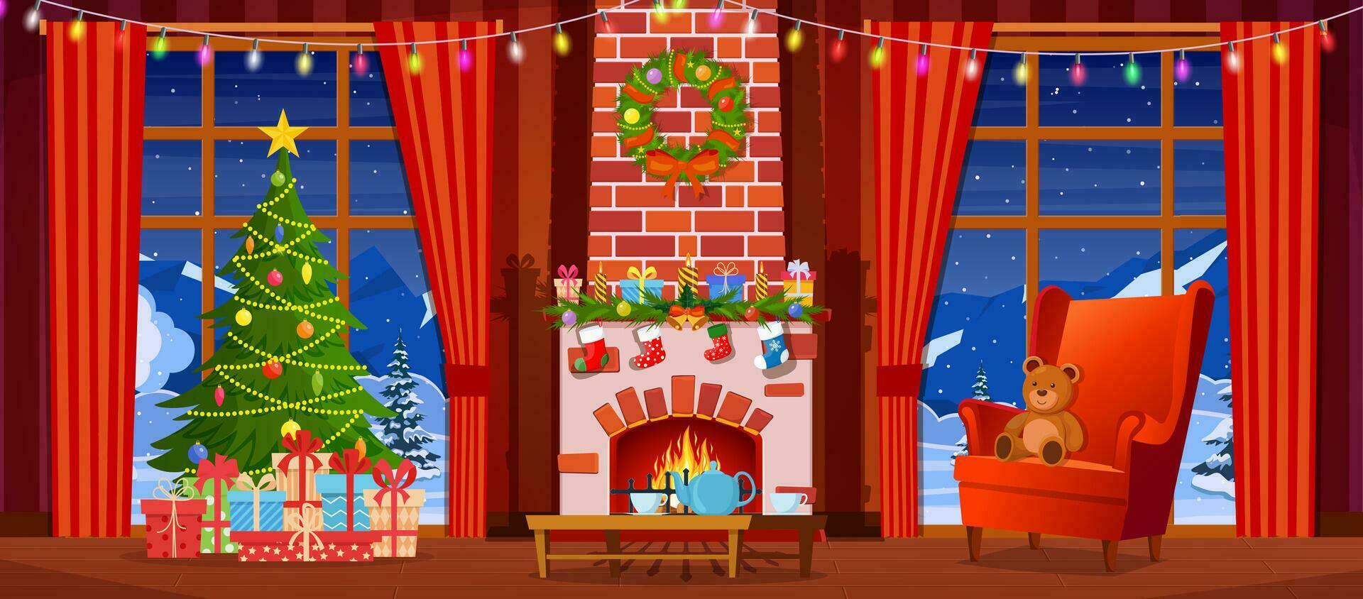 Cozy Interior of Living Room with Window, Man on Armchair, Table, Christmas Tree. Happy New Year Decoration. Merry Christmas Holiday. New Year and Xmas Celebration. Cartoon Flat Vector Illustration