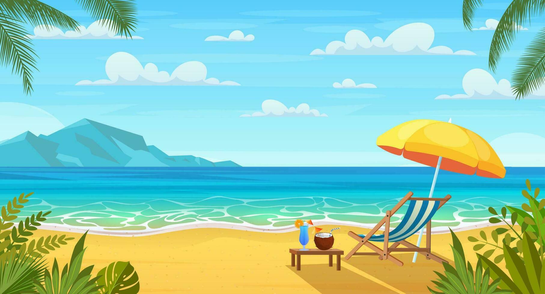Landscape of wooden chaise lounge, umbrella, table with coconut and cocktail on beach, mountains . Seaside landscape, nature vacation, ocean or sea seashore. Vector illustration in flat style