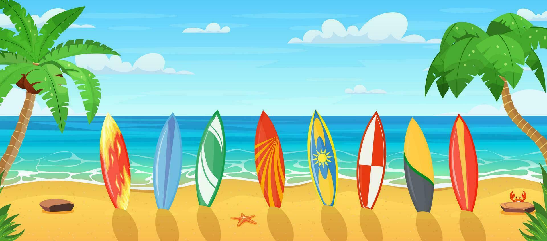 Summertime on the beach with many surfboards. cartoon Palms and plants around. Summer vacation on sea coast. Tropical paradise sandy beach, palm trees and sea. Vector illustration in flat style