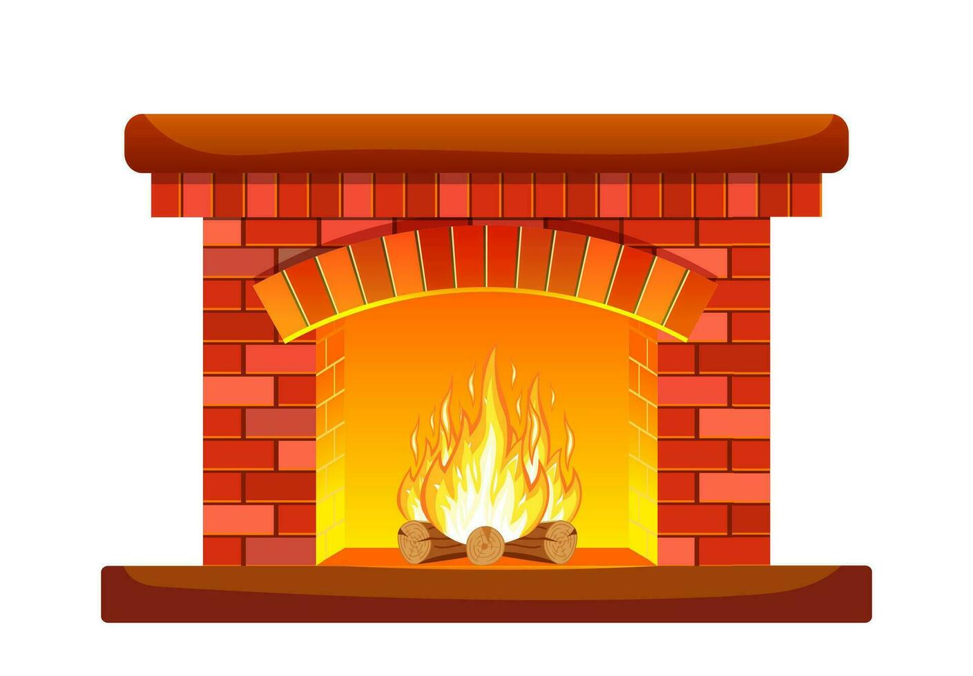 Winter interior bonfire. Classic fireplace made of red bricks, bright burning flame and smoldering logs inside. Home fireplace for comfort and relaxation. Vector illustration in flat style