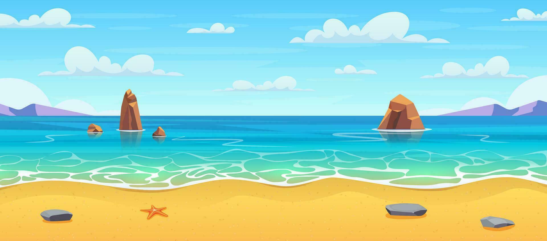 Cartoon summer beach. Paradise nature vacation, ocean or sea seashore. Sea beach landscape. Sea landscape with stones in water and clouds in blue sky. Vector illustration in flat style