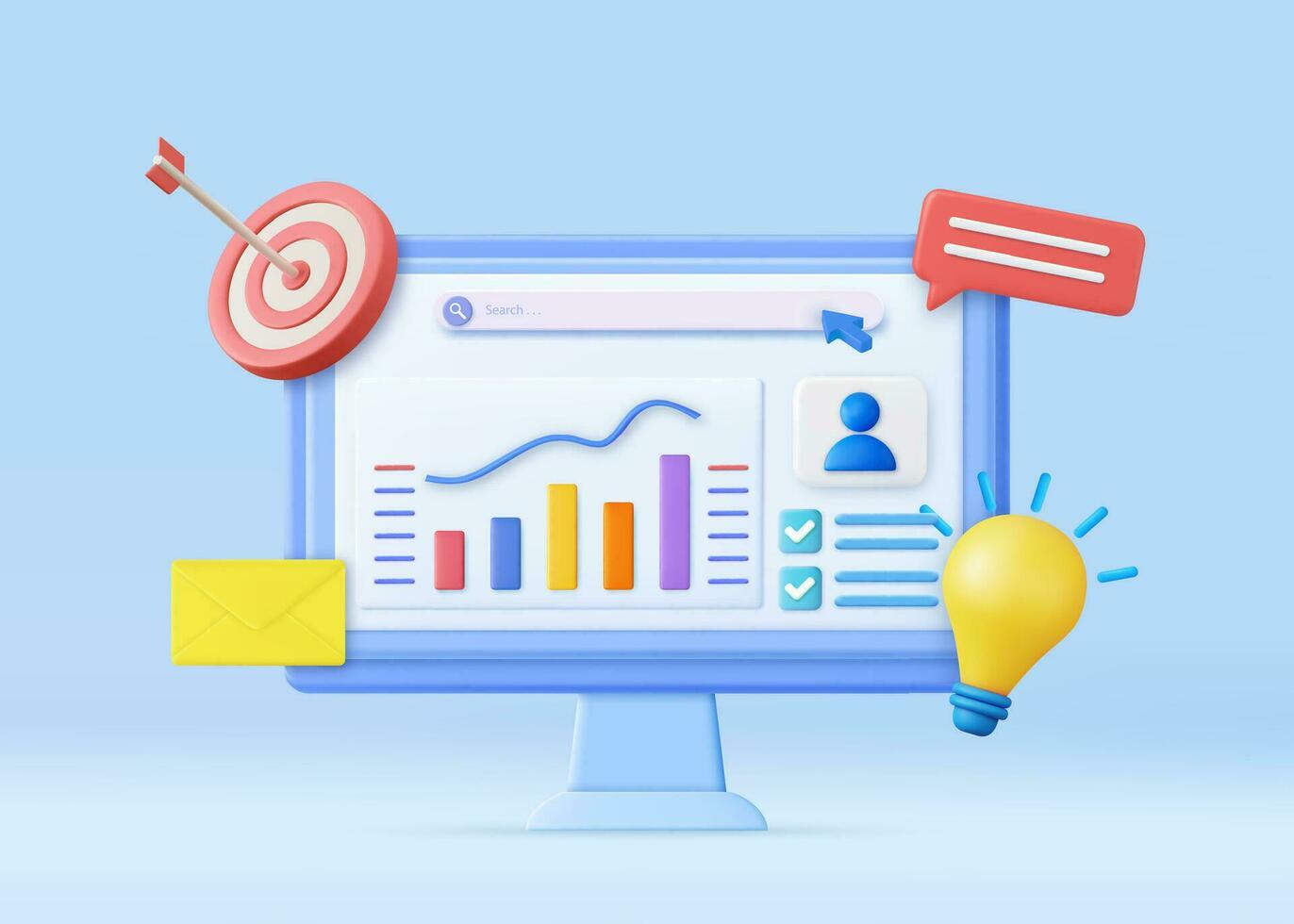 3d Financial report chart, data analysis, and web development concept. Business strategy. Landing page template. Business analysis, content strategy. 3d rendering. Vector illustration