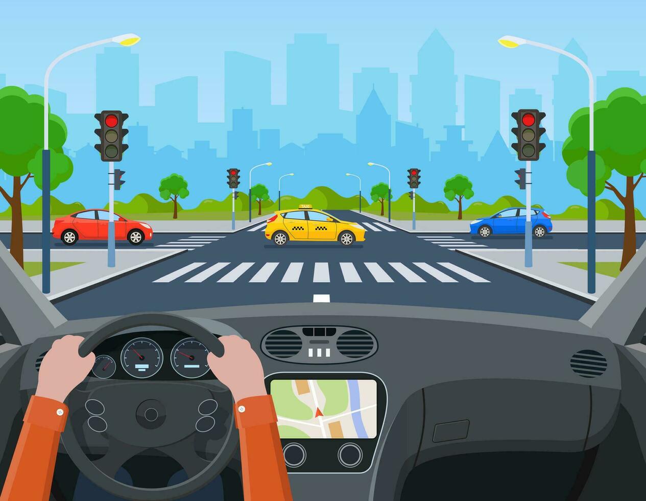 city crossroad with cars. Hands driving a car on the street. city road on crosswalk with traffic lights. markings and sidewalk for pedestrians. Vector illustration in flat style