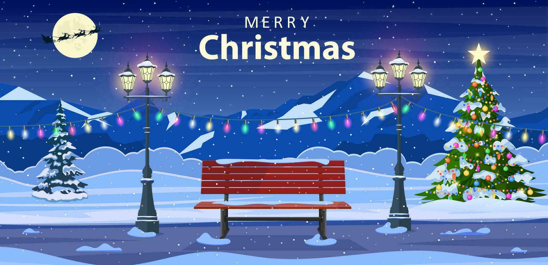 Cartoon Christmas in night city park, empty public garden with decorated fir-trees, bench and lighting garlands and mountain. Winter cityview landscape, vector