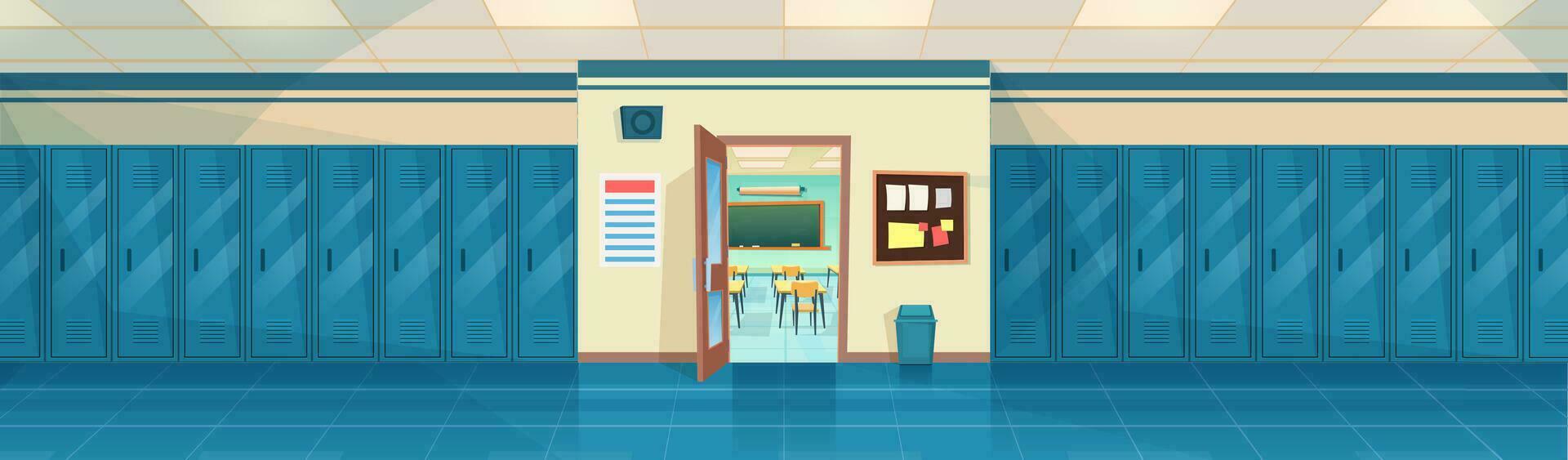 Empty School Corridor Interior With Row Of Lockers,and open door in classroom. Horizontal Banner. cartoon College campus hall or university lobby. Vector illustration in a flat style