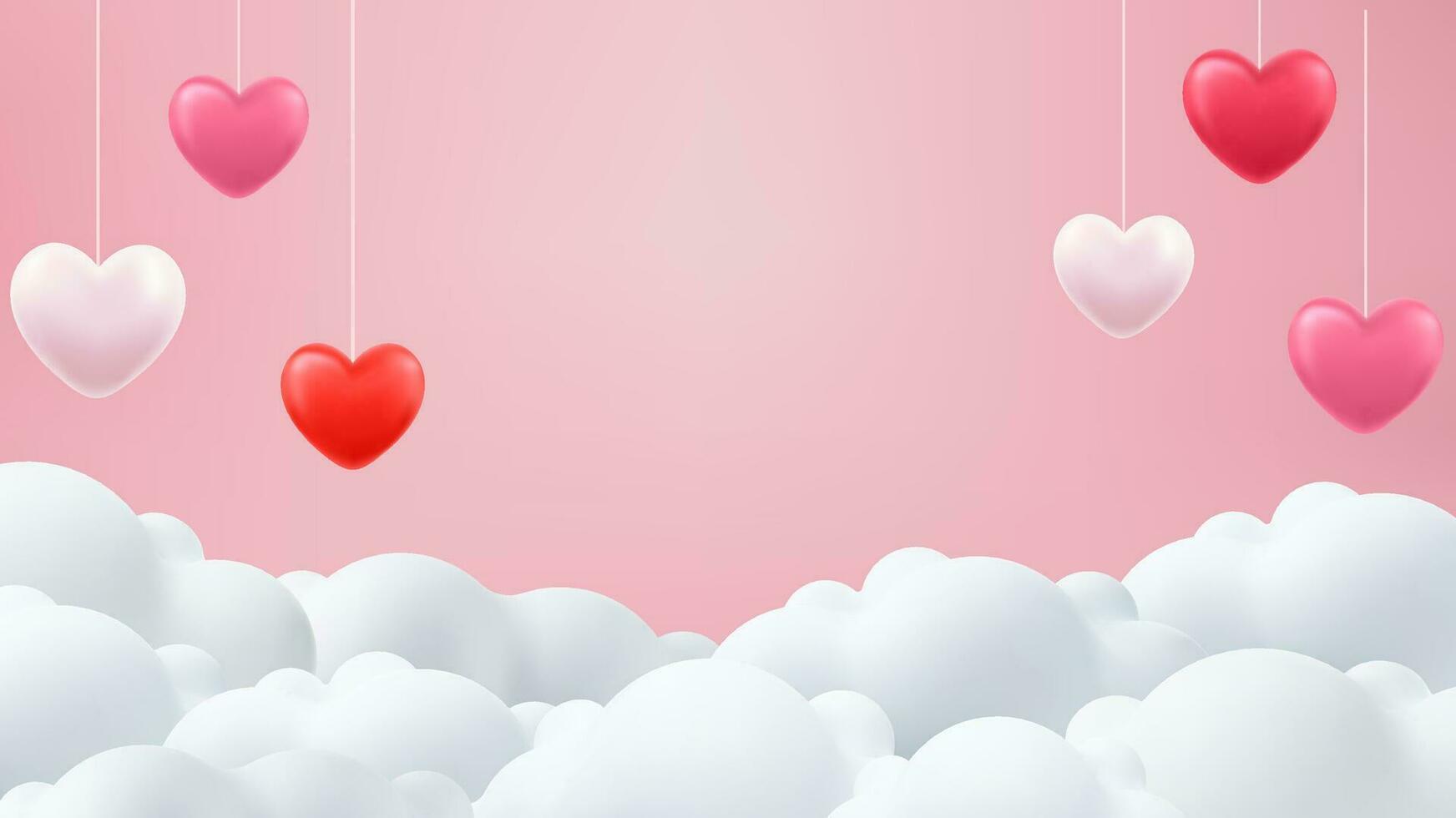 Happy Valentine's day poster or voucher. Pink banner party invitation template. 3D heart on cloud background. Love concept for happy mother s day, valentine s day, birthday day. Vector illustration